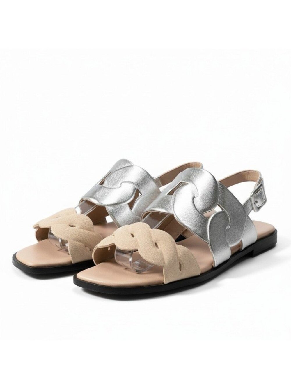 Hermes Gray Flap Sandals Silver Beige Leather